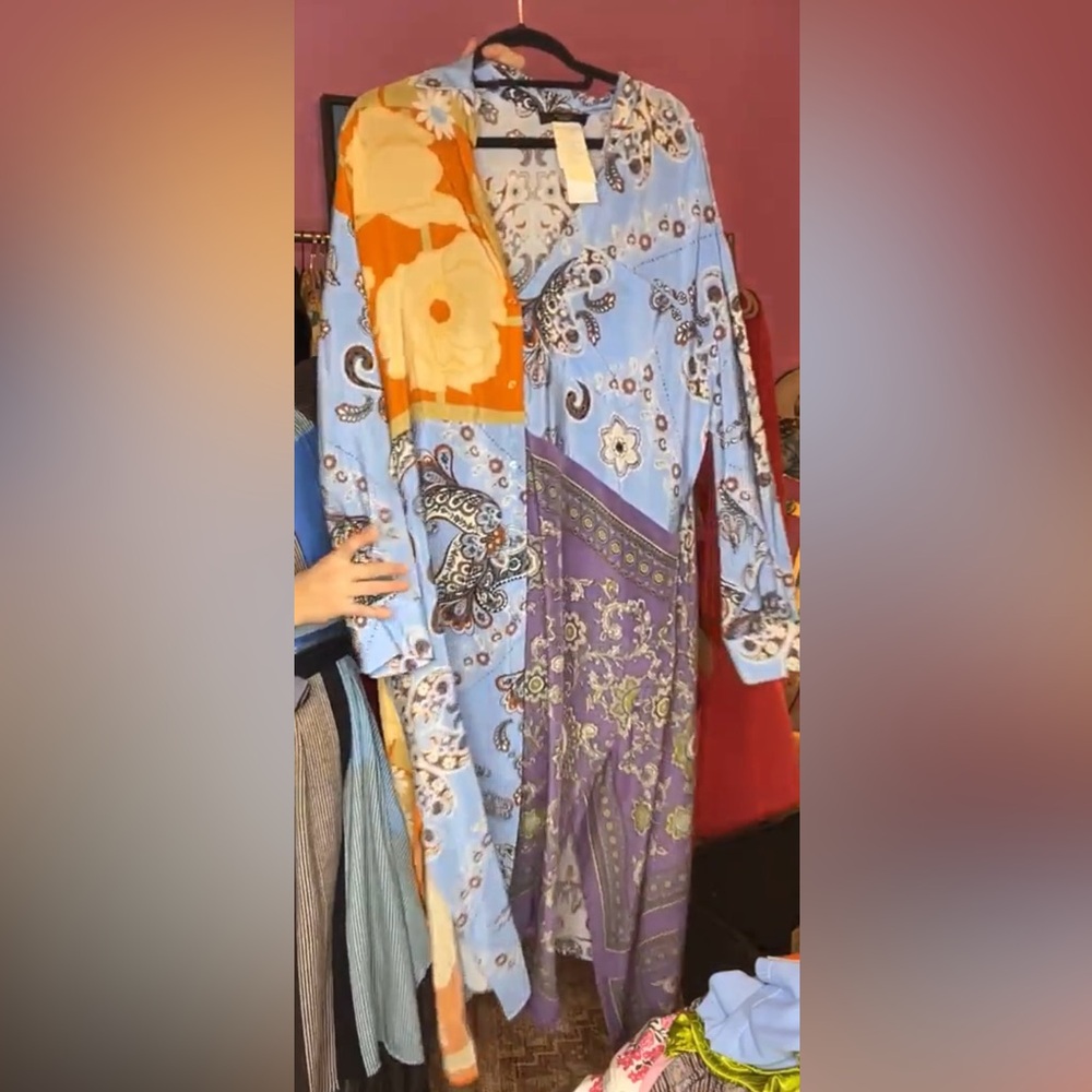 MaxMara Silk Blue and Purple Paisley Long Sleeve Dress